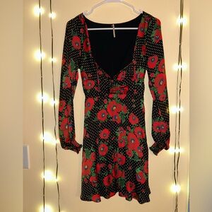 Free People Morning Light- Poinsettia Floral- Long Sleeve Mini Dress. Size 2.